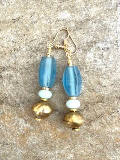 Bohemian Earrings Sea Glass, Amazonite and African Tribal Brass - Image 3
