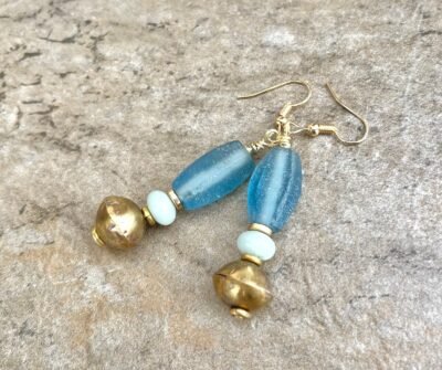 Bohemian Earrings Sea Glass, Amazonite and African Tribal Brass