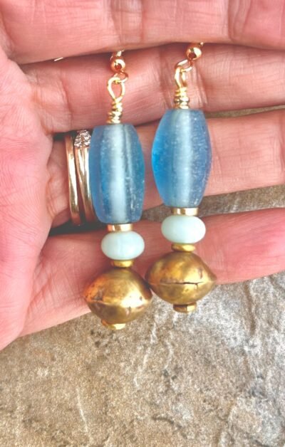 Bohemian Earrings Sea Glass, Amazonite and African Tribal Brass - Image 7
