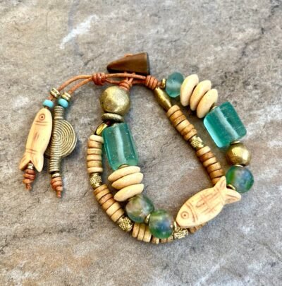 Hippie Boho Bracelet, Sea Glass and African Tribal Beads - Image 14