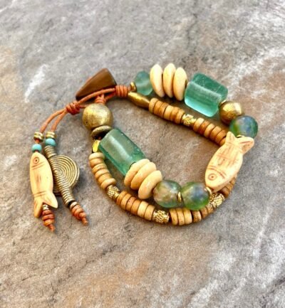 Hippie Boho Bracelet, Sea Glass and African Tribal Beads - Image 5