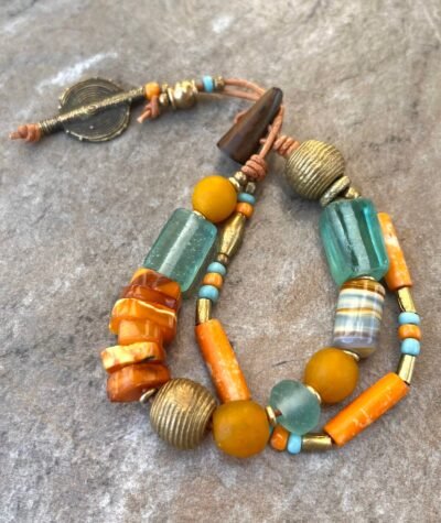 Hippie Boho Bracelet Baltic Amber, Ceramic and African Tribal Beads - Image 16