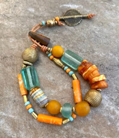 Hippie Boho Bracelet Baltic Amber, Ceramic and African Tribal Beads - Image 14
