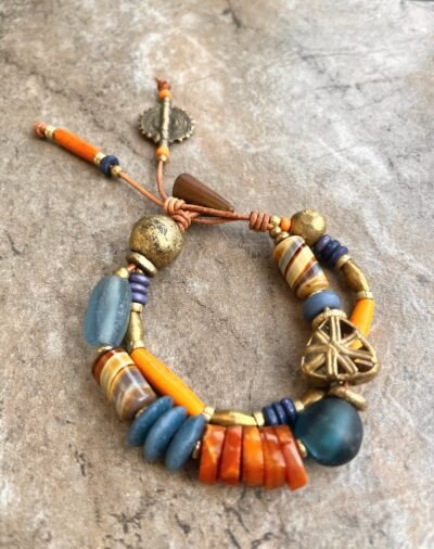 Hippie Boho Bracelet, Baltic Amber, Ceramic and African Tribal Beads