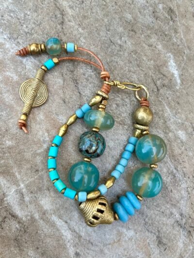 Bohemian Bracelet, Vintage Aqua Resin and African Tribal Beads - Image 4
