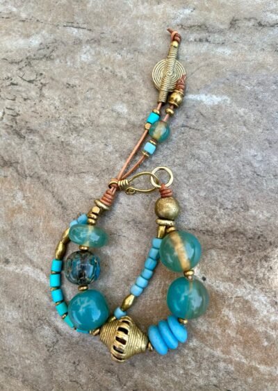 Bohemian Bracelet, Vintage Aqua Resin and African Tribal Beads - Image 3