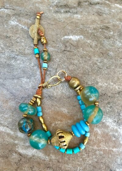 Bohemian Bracelet, Vintage Aqua Resin and African Tribal Beads - Image 9