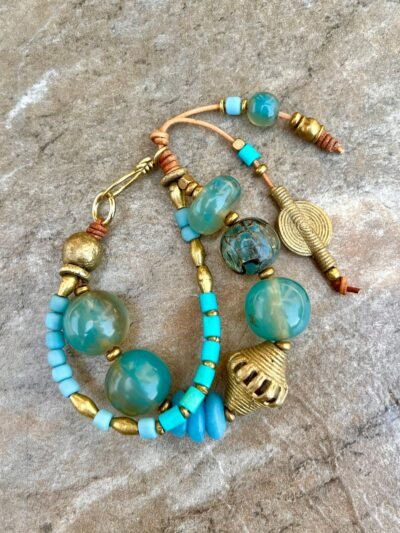 Bohemian Bracelet, Vintage Aqua Resin and African Tribal Beads - Image 7