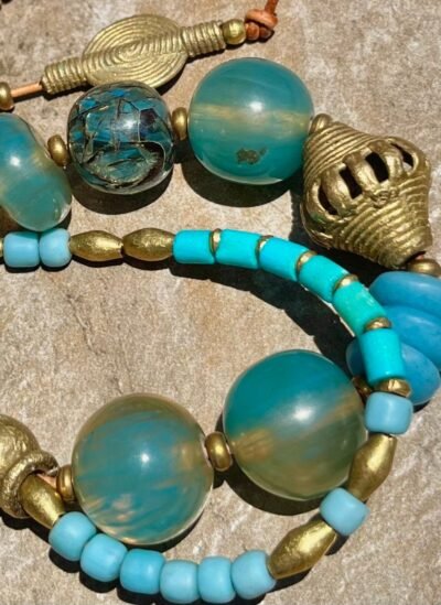 Bohemian Bracelet, Vintage Aqua Resin and African Tribal Beads - Image 13