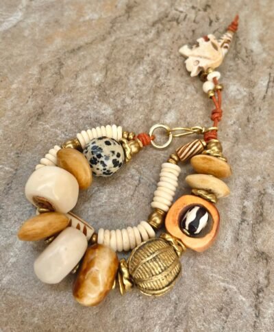 Tribal Boho Bracelet African Ethnic Bone, Dalmatian Jasper and Brass Beads - Image 3
