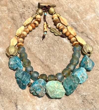 Bohemian Choker Chunky Aqua Blue Apatite, Amazonite and African Tribal Beads - Image 4