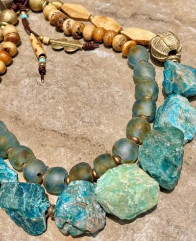 Bohemian Choker Chunky Aqua Blue Apatite, Amazonite and African Tribal Beads - Image 3