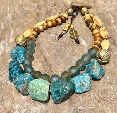 Bohemian Choker Chunky Aqua Blue Apatite, Amazonite and African Tribal Beads