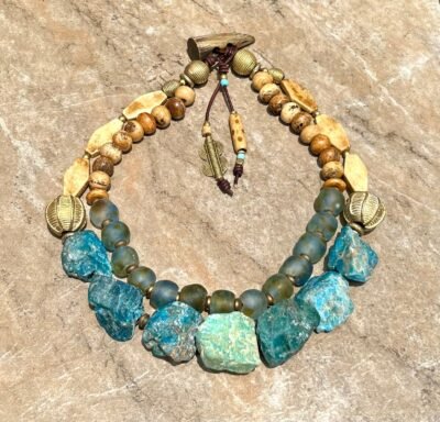 Bohemian Choker Chunky Aqua Blue Apatite, Amazonite and African Tribal Beads - Image 5