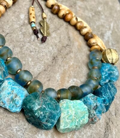 Bohemian Choker Chunky Aqua Blue Apatite, Amazonite and African Tribal Beads - Image 7