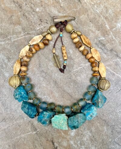 Bohemian Choker Chunky Aqua Blue Apatite, Amazonite and African Tribal Beads - Image 9