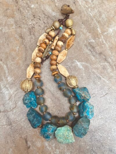 Bohemian Choker Chunky Aqua Blue Apatite, Amazonite and African Tribal Beads - Image 10