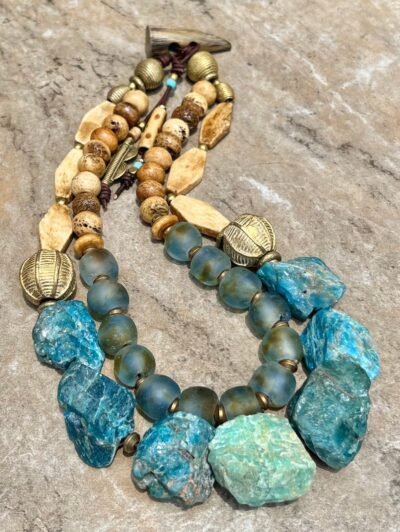 Bohemian Choker Chunky Aqua Blue Apatite, Amazonite and African Tribal Beads - Image 6