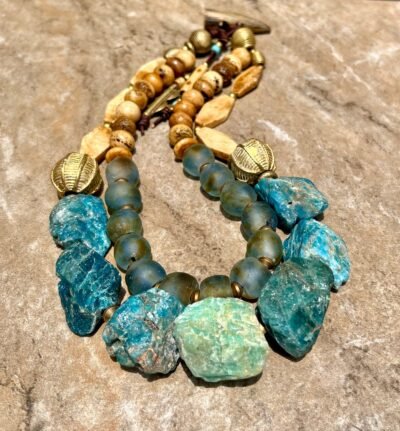 Bohemian Choker Chunky Aqua Blue Apatite, Amazonite and African Tribal Beads - Image 8