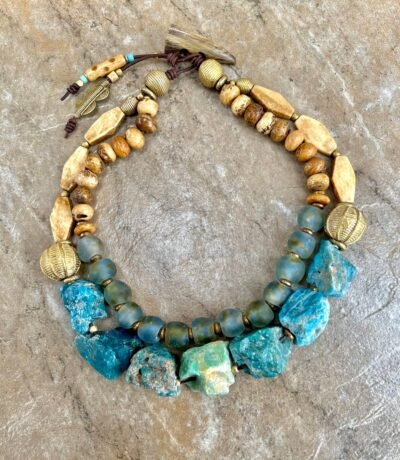 Bohemian Choker Chunky Aqua Blue Apatite, Amazonite and African Tribal Beads - Image 14