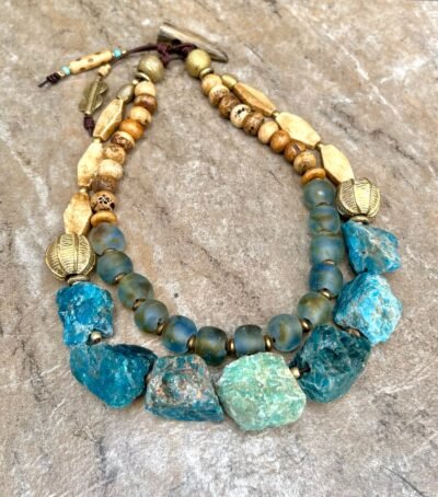 Bohemian Choker Chunky Aqua Blue Apatite, Amazonite and African Tribal Beads - Image 12