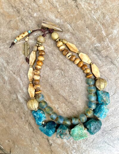 Bohemian Choker Chunky Aqua Blue Apatite, Amazonite and African Tribal Beads - Image 2