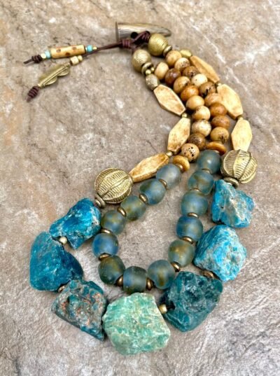 Bohemian Choker Chunky Aqua Blue Apatite, Amazonite and African Tribal Beads - Image 13