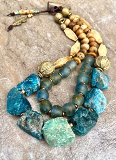 Bohemian Choker Chunky Aqua Blue Apatite, Amazonite and African Tribal Beads - Image 11