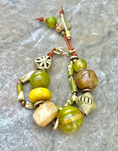 Tribal Boho Bracelet African Bone, Horn, Brass and Vintage Resin Beads