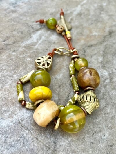 Tribal Boho Bracelet African Bone, Horn, Brass and Vintage Resin Beads - Image 3