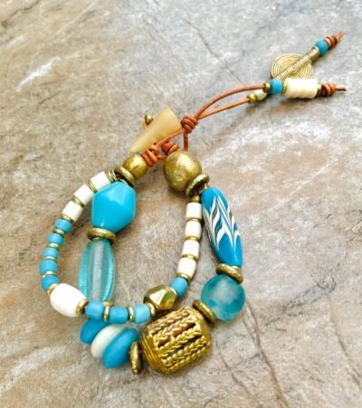 Boho Bracelet African Tribal Beads, Sea Glass and Vintage Resin - Image 4