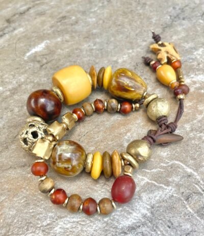 Boho Bracelet Marbled Vintage Resin and African Tribal Beads - Image 7