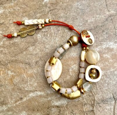 Bohemian Bracelet MOP, African Bone, Glass, Brass, and Vintage Resin - Image 16