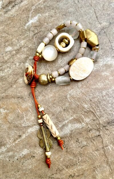 Bohemian Bracelet MOP, African Bone, Glass, Brass, and Vintage Resin - Image 12