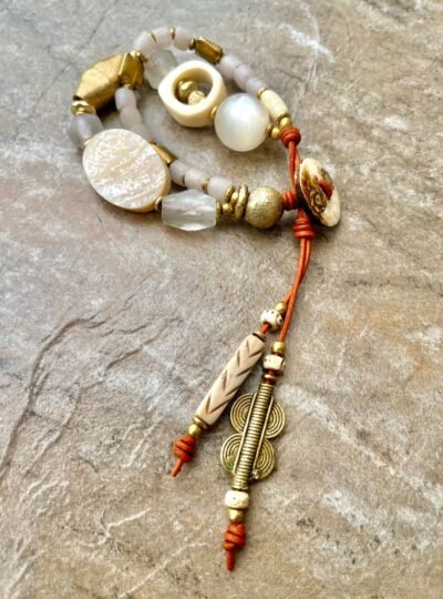 Bohemian Bracelet MOP, African Bone, Glass, Brass, and Vintage Resin - Image 11