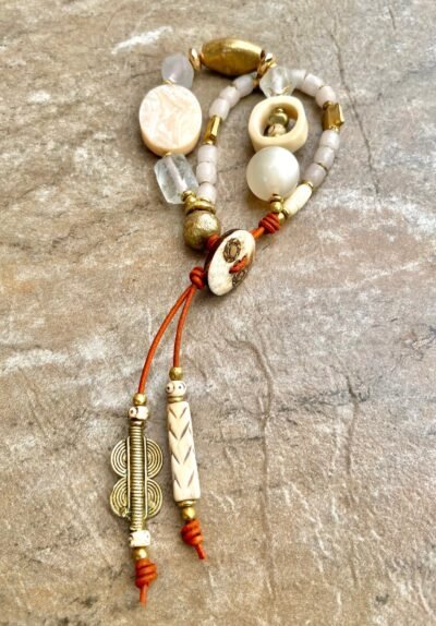 Bohemian Bracelet MOP, African Bone, Glass, Brass, and Vintage Resin - Image 7