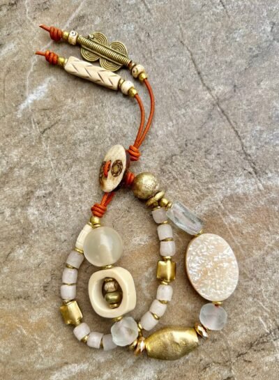 Bohemian Bracelet MOP, African Bone, Glass, Brass, and Vintage Resin - Image 3