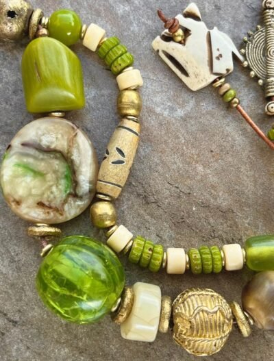 Lime Boho Bracelet African Tribal Beads and Vintage Resin - Image 8