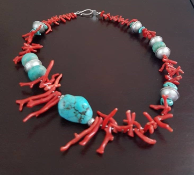 Tribal Mediterranean Red Coral, Turquoise Howlite and Amazonite Asymmetric Necklace - Image 2