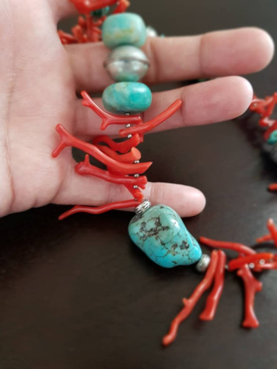 Tribal Mediterranean Red Coral, Turquoise Howlite and Amazonite Asymmetric Necklace - Image 3