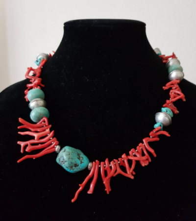 Tribal Mediterranean Red Coral, Turquoise Howlite and Amazonite Asymmetric Necklace