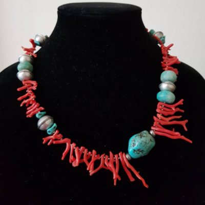 Tribal Mediterranean Red Coral, Turquoise Howlite and Amazonite Asymmetric Necklace - Image 5