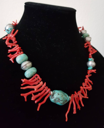 Tribal Mediterranean Red Coral, Turquoise Howlite and Amazonite Asymmetric Necklace - Image 4