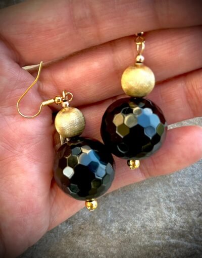 Classic Chic Earrings Black Agate & Vintage Italian Gold Filled Brushed Beads - Image 3