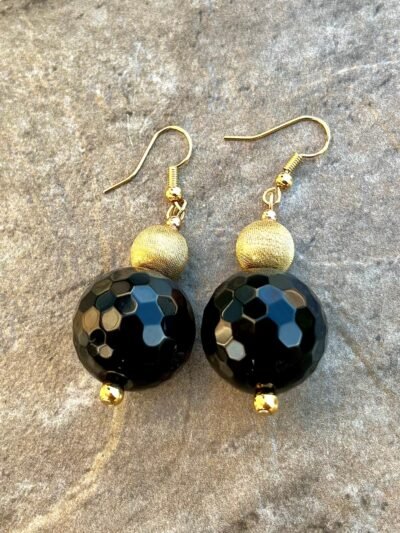 Classic Chic Earrings Black Agate & Vintage Italian Gold Filled Brushed Beads - Image 2