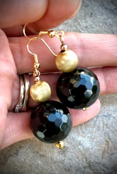 Classic Chic Earrings Black Agate & Vintage Italian Gold Filled Brushed Beads - Image 5