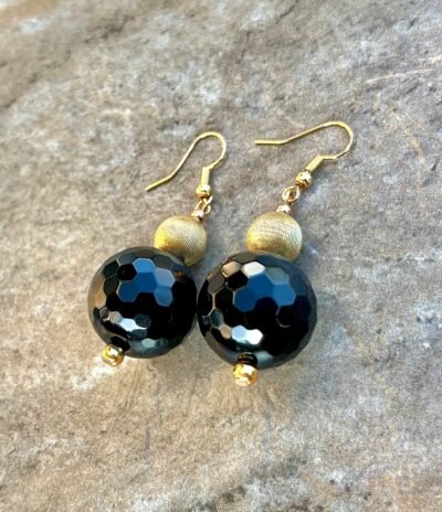 Classic Chic Earrings Black Agate & Vintage Italian Gold Filled Brushed Beads