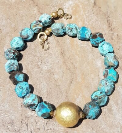 Boho Chic Blue Ocean Jasper  and African Brass Statement Necklace - Image 2