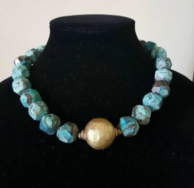 Boho Chic Blue Ocean Jasper  and African Brass Statement Necklace - Image 3