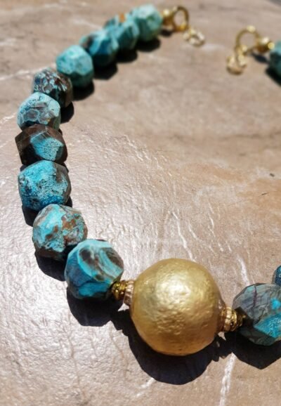 Boho Chic Blue Ocean Jasper  and African Brass Statement Necklace - Image 6